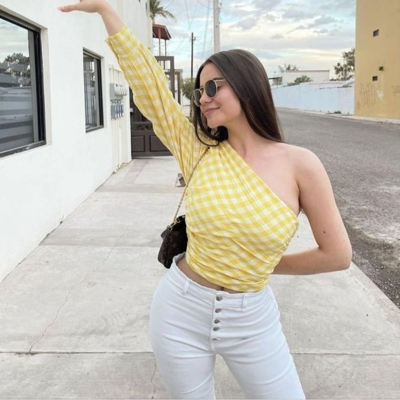 NWOT Zara Asymmetric Venus Yellow Gingham One Shoulder Crop Top S - Picture 8 of 12
